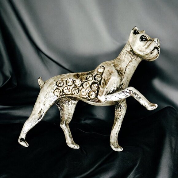 Vintage Silver Tone Boxer Dog Brooch With Rhinestone Accents - Picture 5 of 6